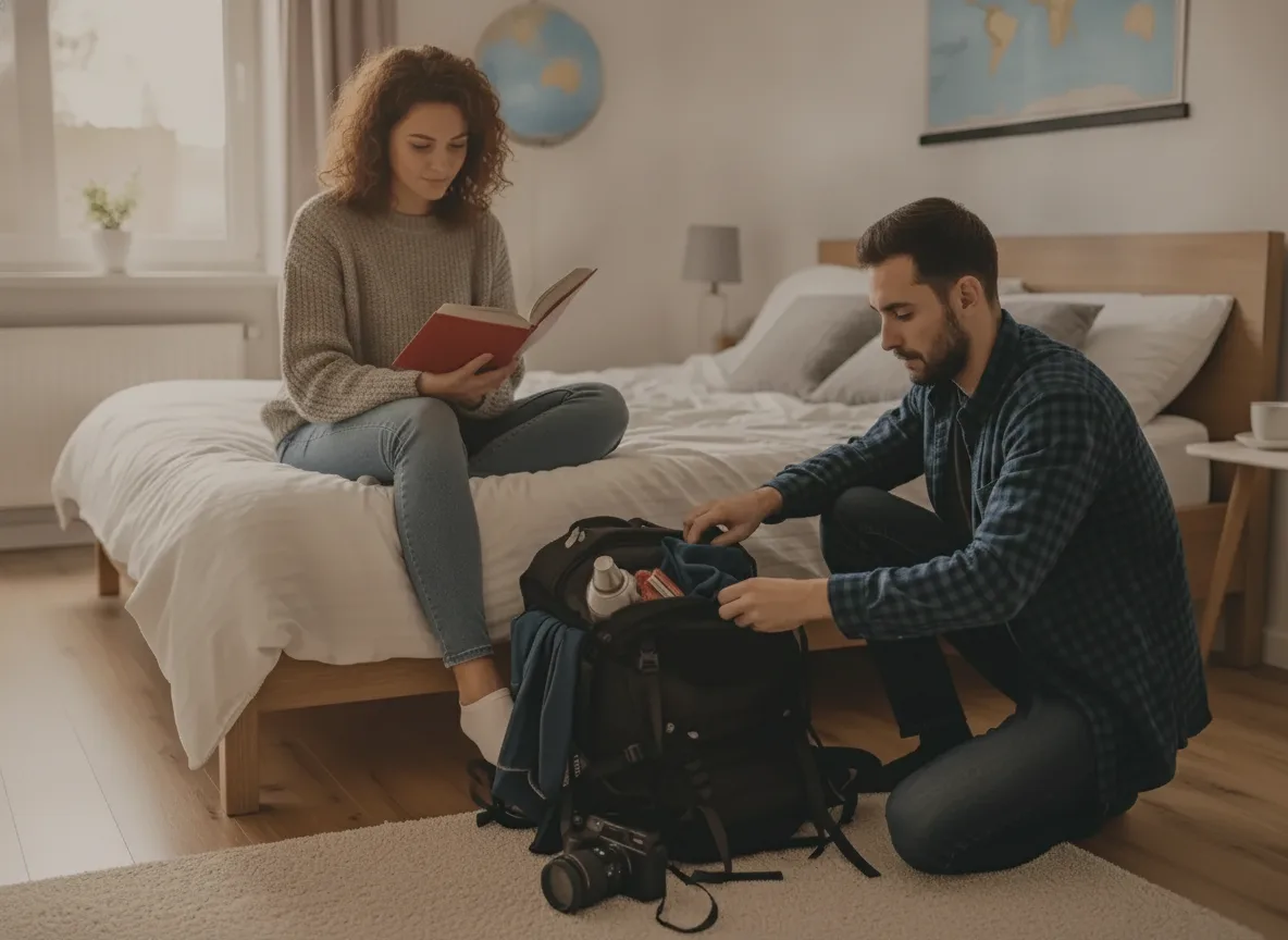 Zwei Freunde packen Taschen neben einem Doppelbett in einem hellen Apartmentschlafzimmer aus