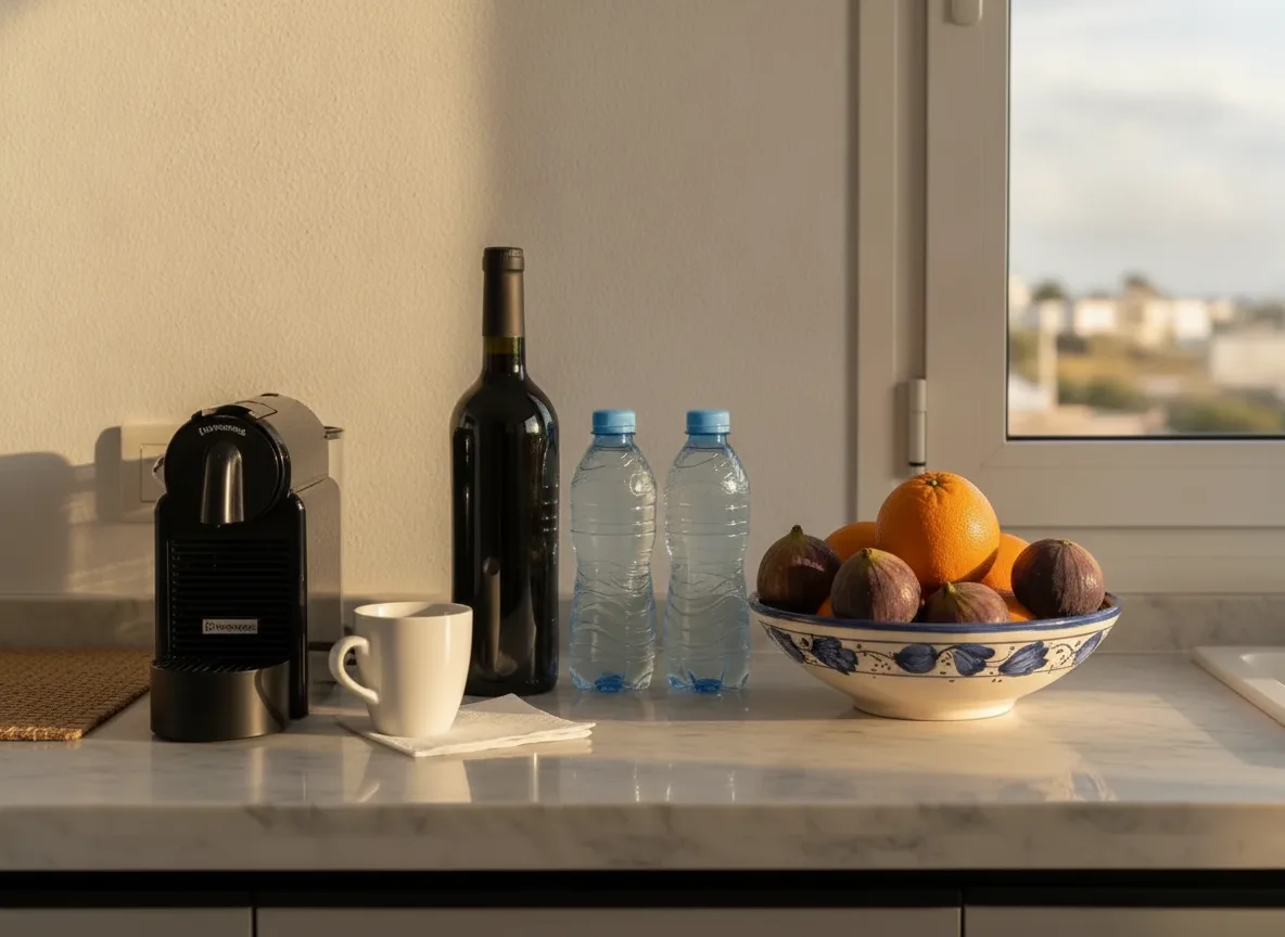 Willkommenspäckchen auf der Küchentheke mit Wein, frischem Obst und Kaffee