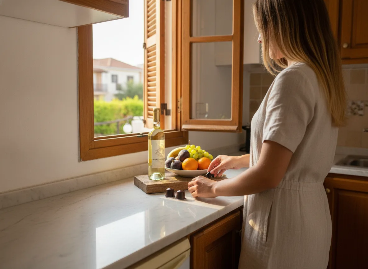 Gastgeber bereitet ein Willkommenstablett mit Wein und frischem Obst in der Wohnung vor