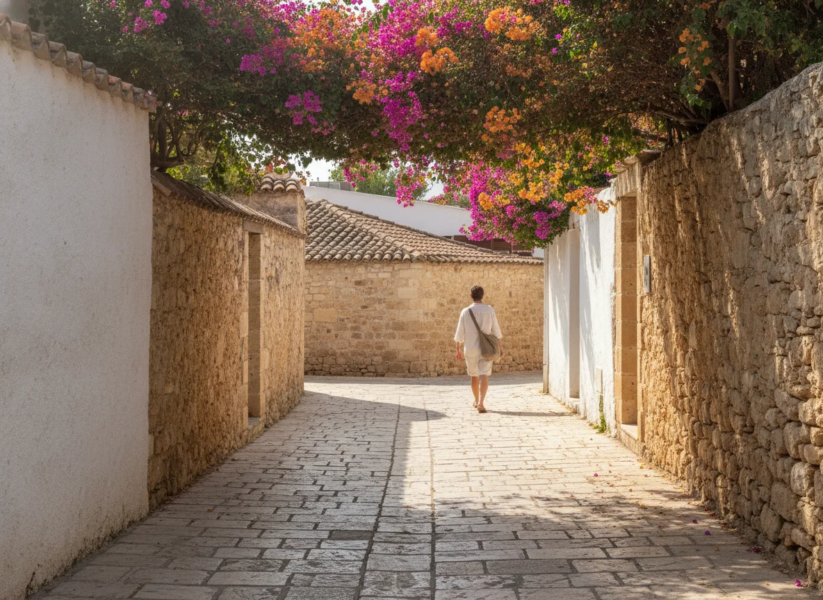 Ruhige Seitenstraße aus Kalkstein im historischen Zentrum von Kato Paphos, Zypern
