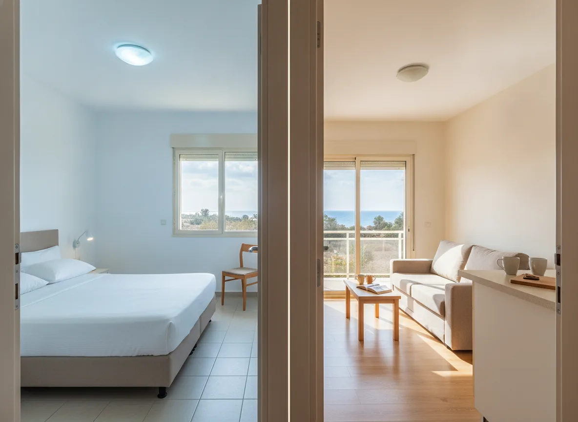 Side by side view of hotel room versus spacious apartment living area