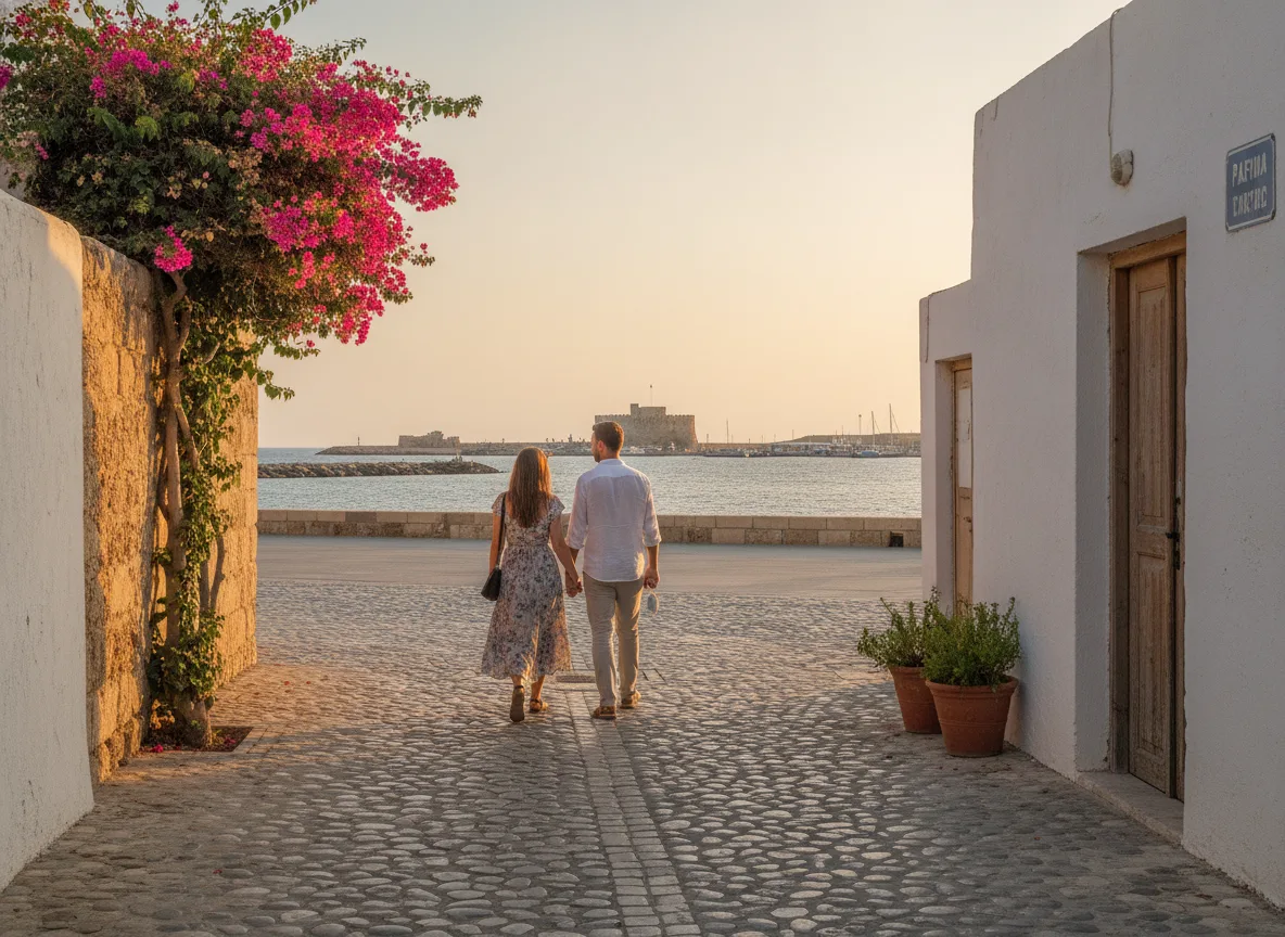 Couple walking toward Kato Paphos harbour along a sunlit cobblestone lane