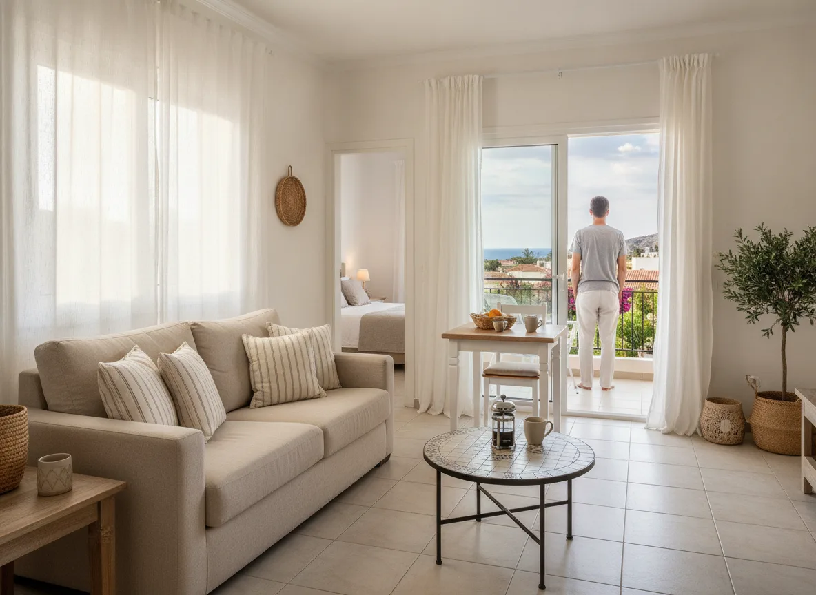 Spacious holiday apartment living room separate from bedroom Paphos