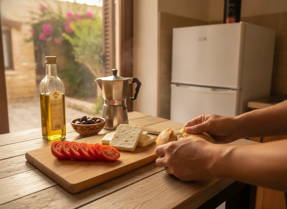 Self-catering apartment kitchen with fresh local food Paphos Cyprus