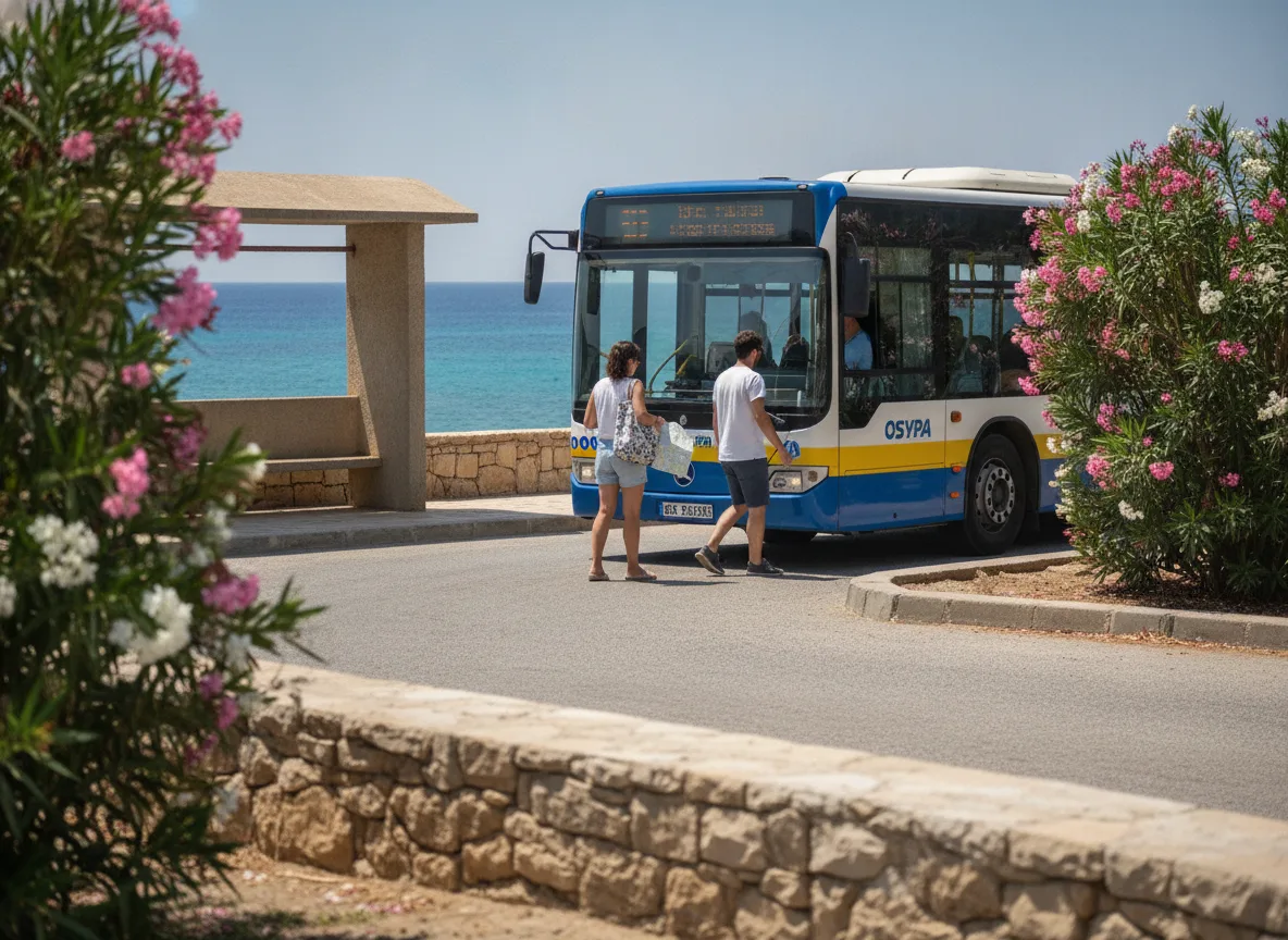 Autobus komunikacji miejskiej zatrzymujący się na nadmorskiej drodze w Pafos dla czekających pasażerów