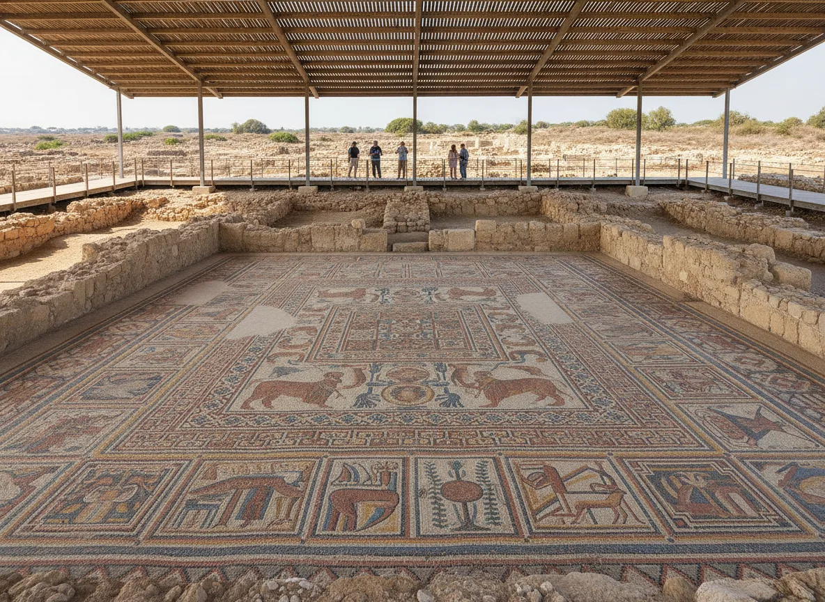 Ancient Roman floor mosaic inside Paphos Archaeological Park Cyprus