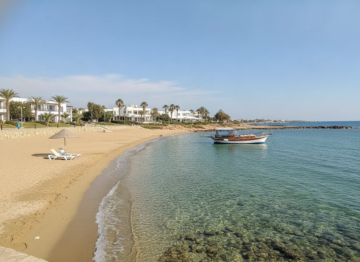 Sandy beach and boat tour near Kato Paphos Cyprus coast