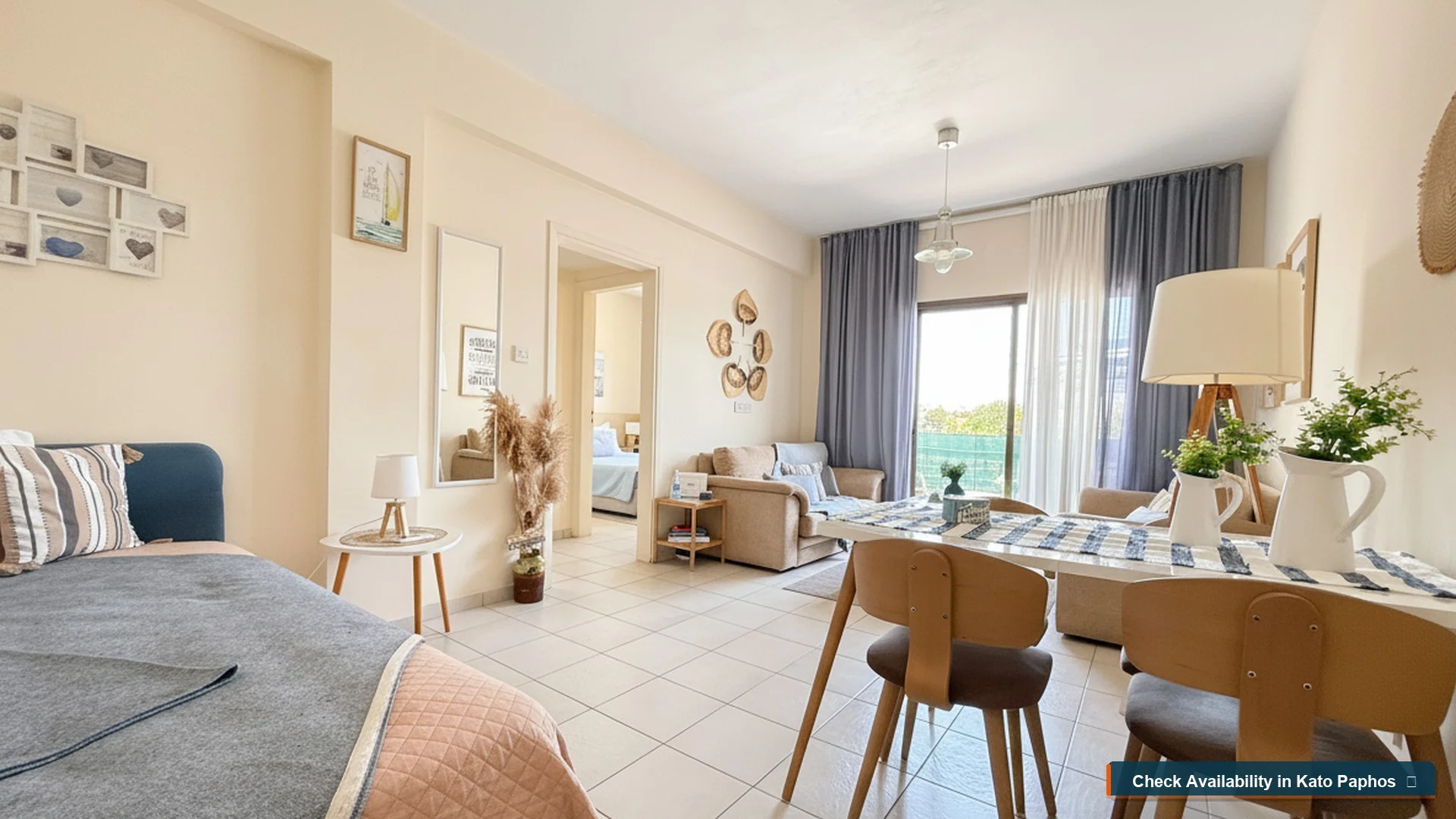 Ferienwohnung in Kato Paphos — offener Wohnbereich mit Balkonblick