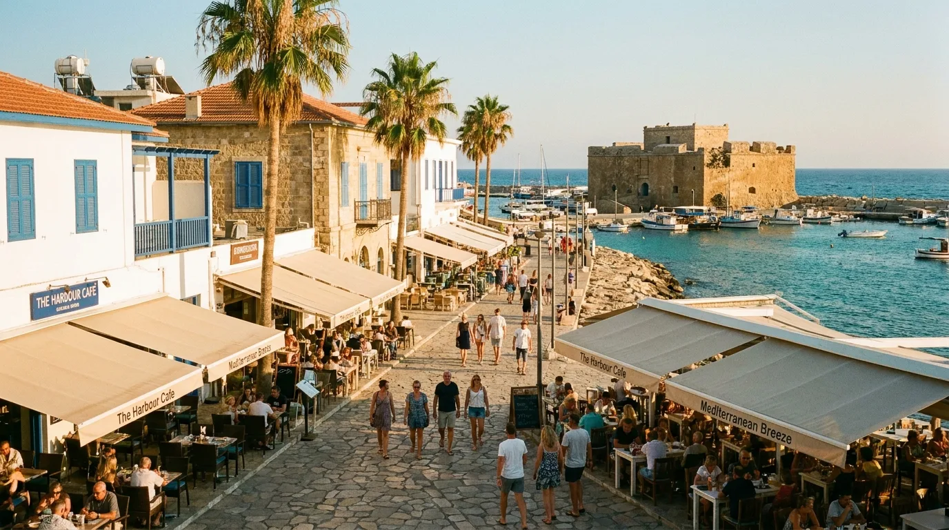 Die fußläufige Promenade in Kato Paphos nahe dem Hafen zur goldenen Stunde