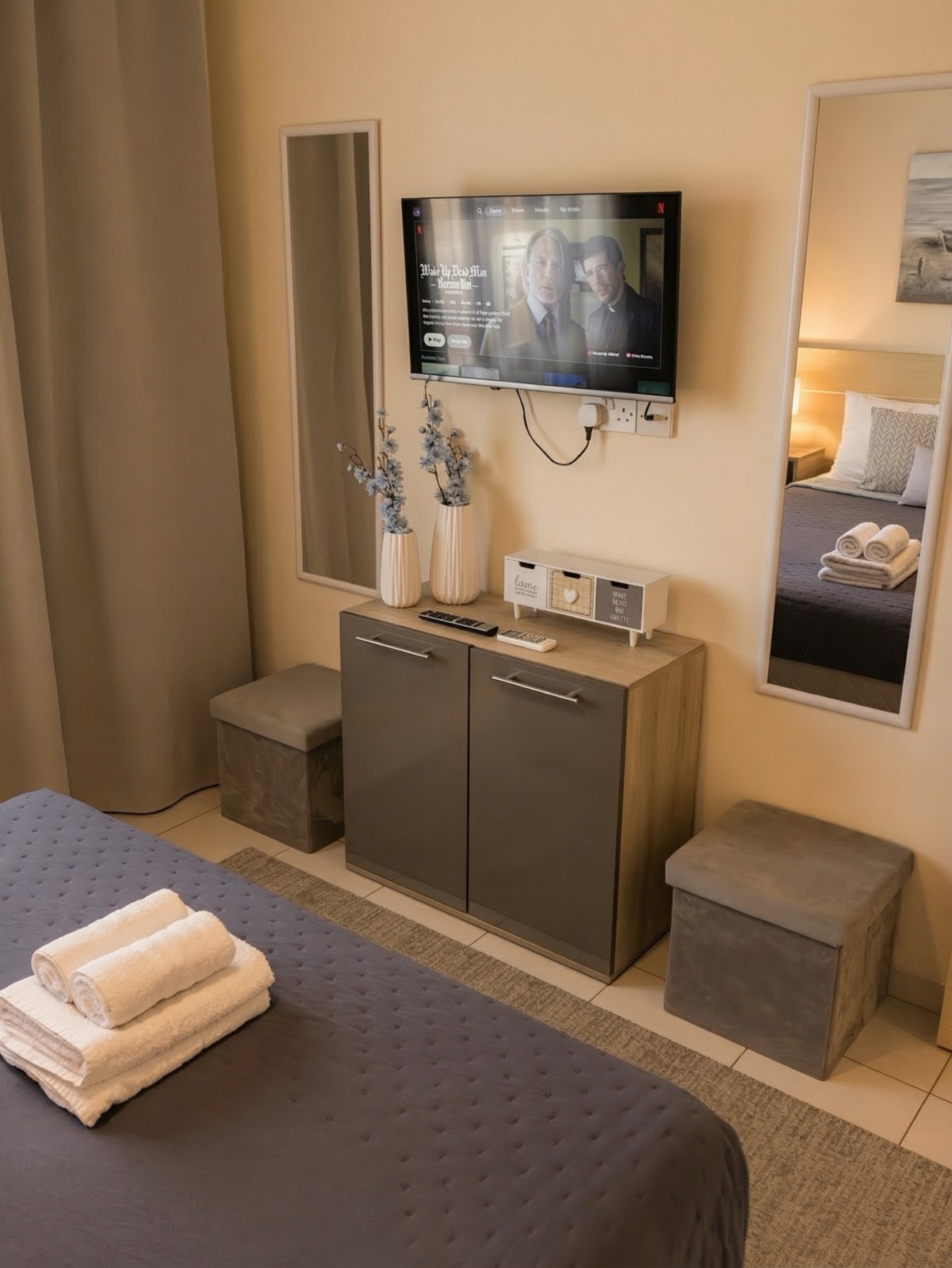 Bedroom TV and storage area